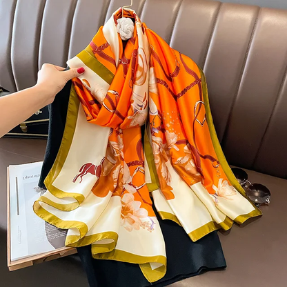 Orange Belt Flowers Printed Silk Scarf