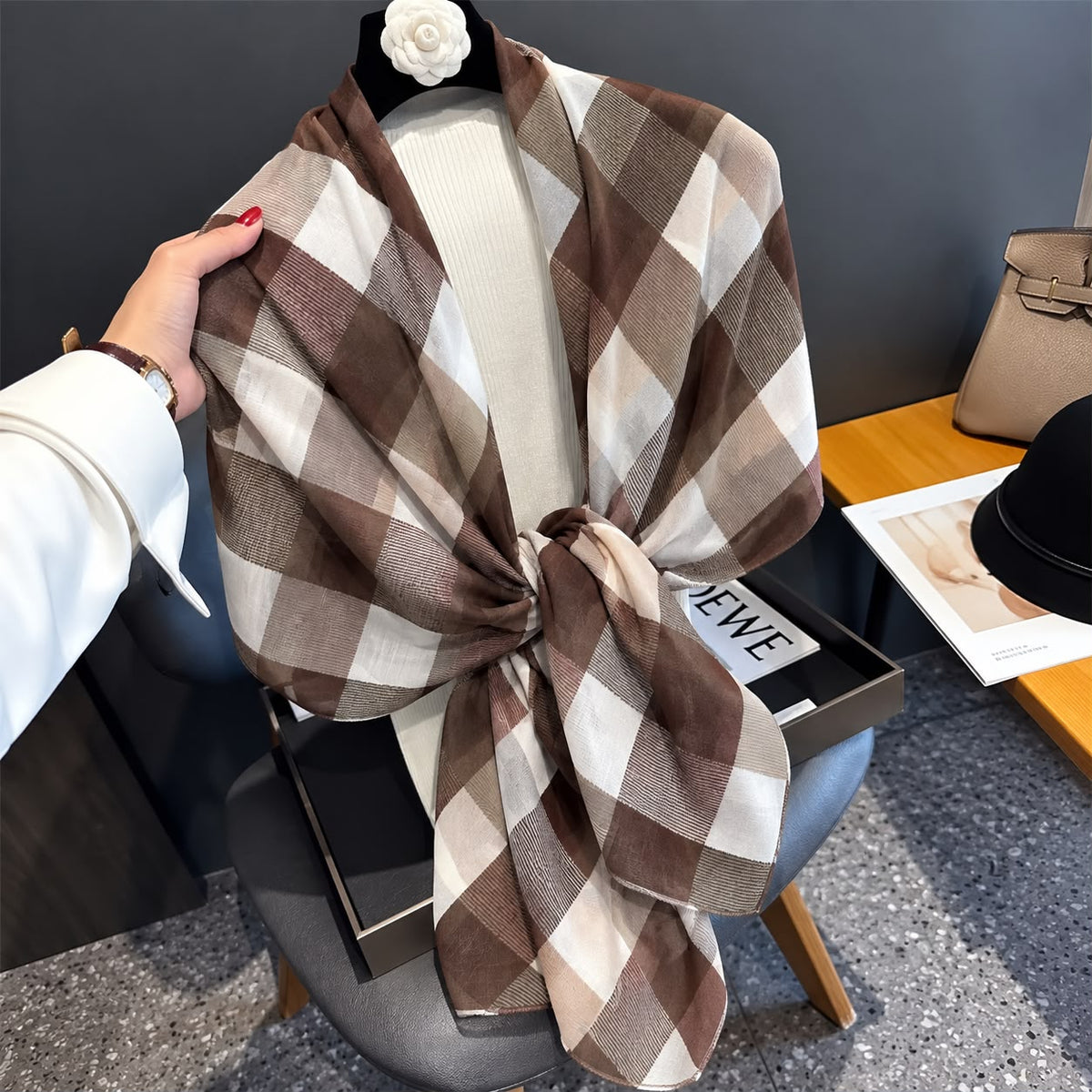 Coffee Brown Square Printed Viscose Scarf