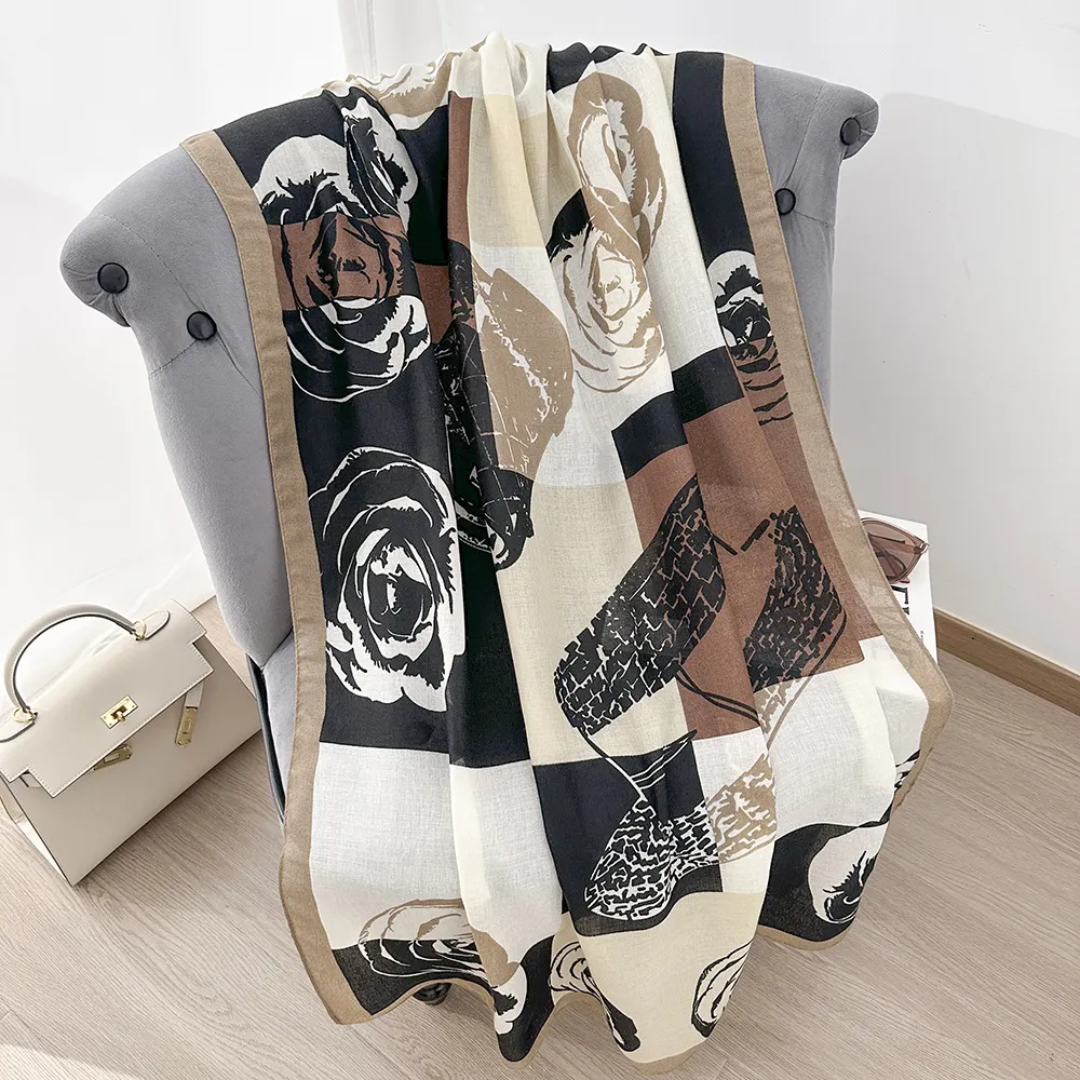Brown Roses Hat Printed Viscose Scarf