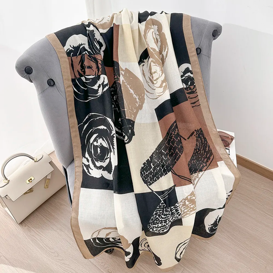 Brown Roses Hat Printed Viscose Scarf