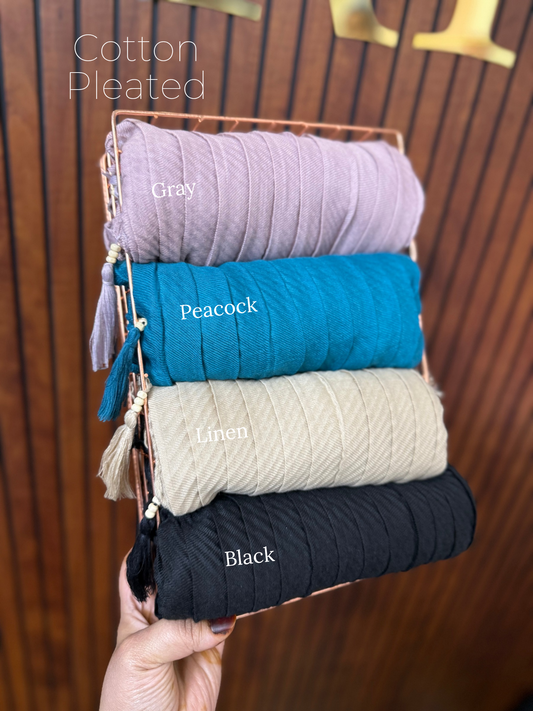 Cotton Box Pleated Hijabs with Tassels