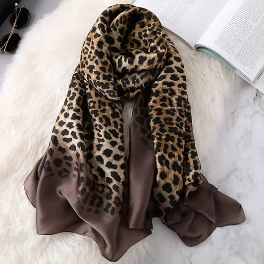 Brown Cheetah Printed Silk Scarf