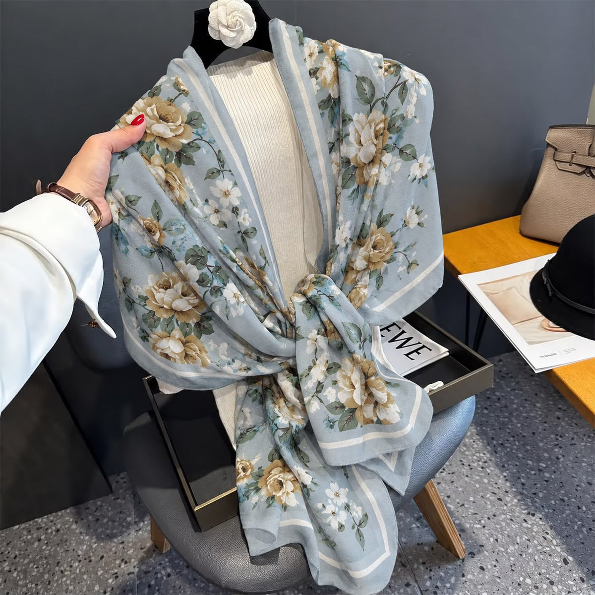 Powder Blue Floral Bunch Printed Viscose Scarf