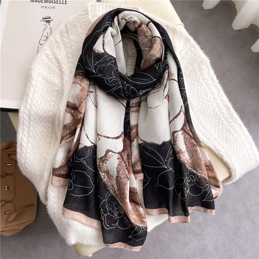 Dark Brown Florals Printed Viscose Scarf