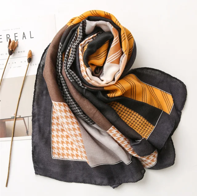 Mustard Check Printed Viscose Scarf