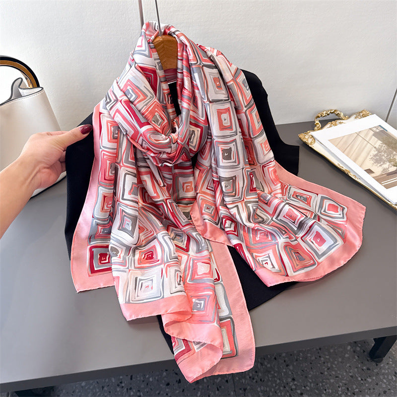Pink Grid Printed Silk Scarf Summer Edition 26'