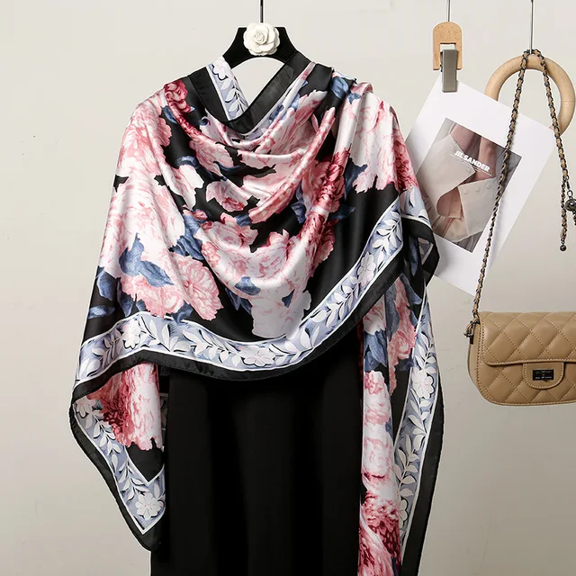 Black Spring Printed Silk Scarf