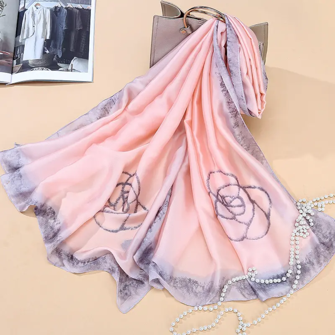 Faded Peach Blume Printed Silk Scarf