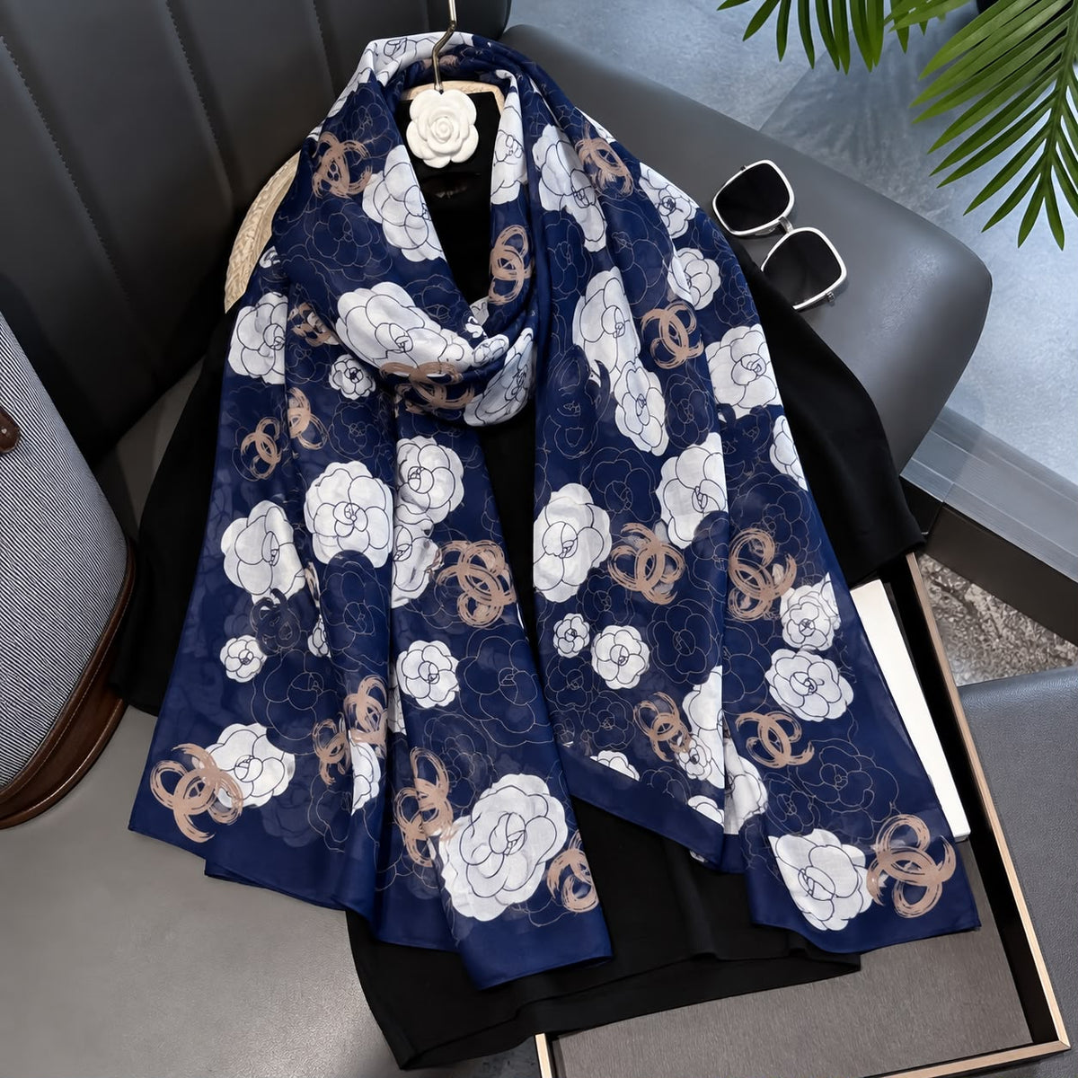 Blue White Rose Printed Viscose Scarf