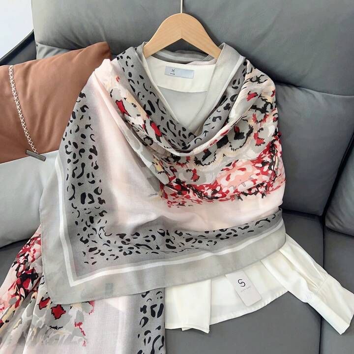 Pink Grey Floral Animal Printed Viscose Scarf