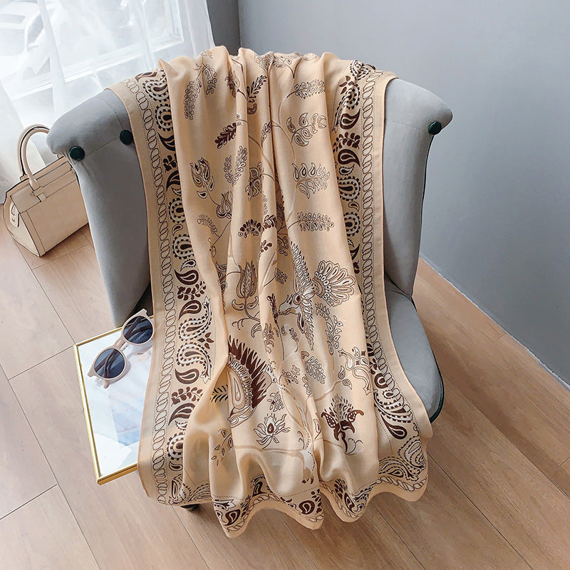 Beige Floral Bird Printed Winter Viscose Scarf