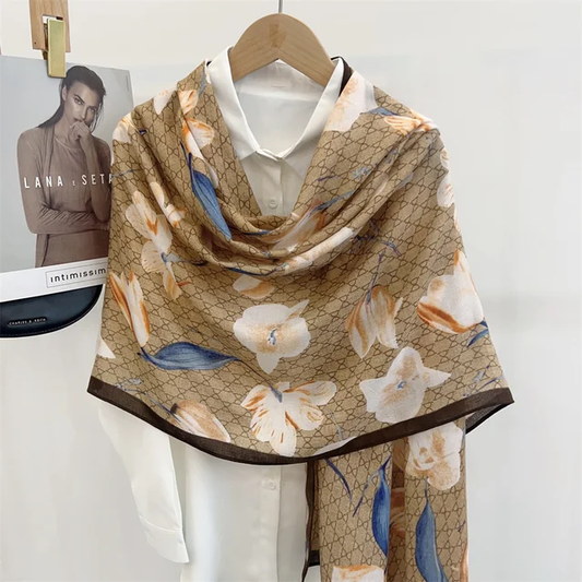 Coffee Mesh Floral Bloom Printed Viscose Scarf