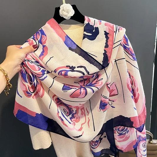 Blue Pink Roses Printed Viscose Scarf