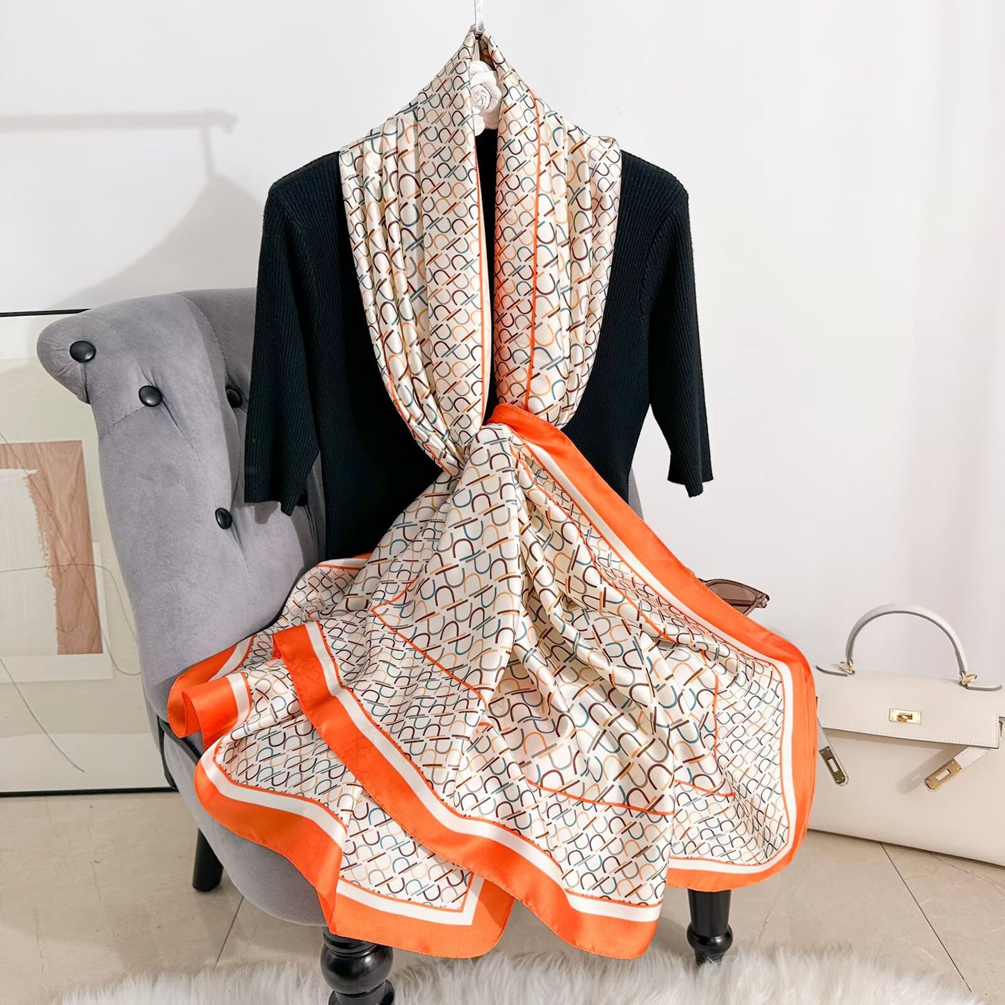 Tara Orange Printed Silk Scarf Summer Edition 26'
