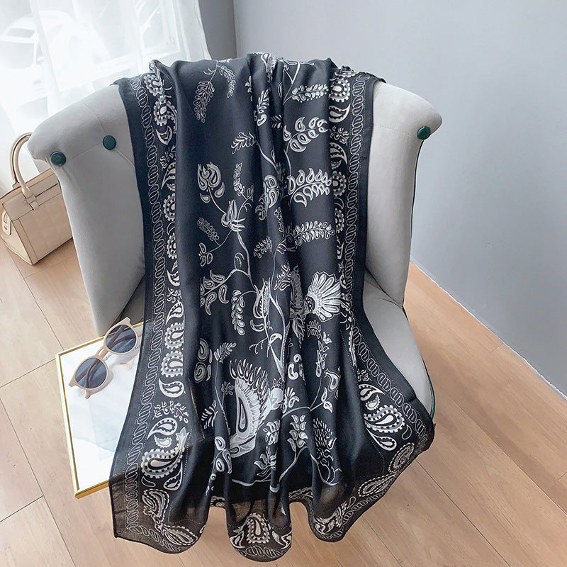 Black Floral Bird Printed Winter Viscose Scarf
