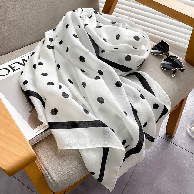 White Polka Dot Printed Viscose Scarf