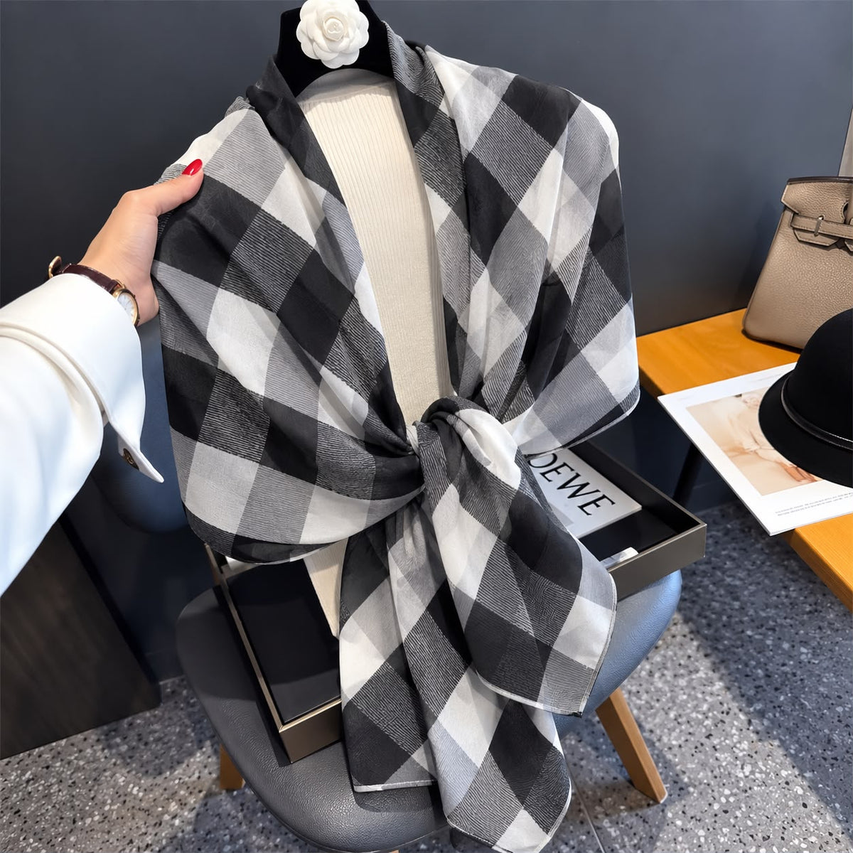 Grey Black Square Printed Viscose Scarf