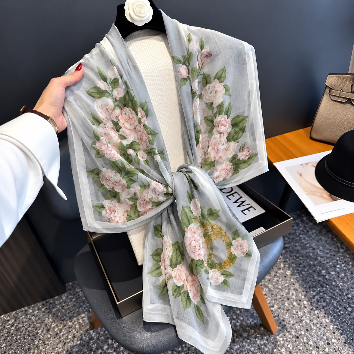 Pink Rose Bunch Printed Viscose Scarf