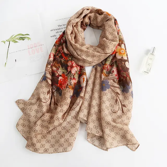 Light Coffee Floral  Printed Viscose Scarf