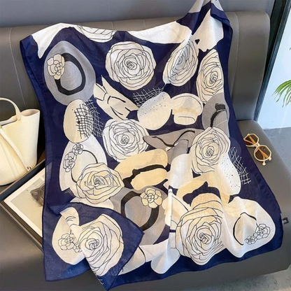 Blue Abstract Rose Printed Viscose Scarf