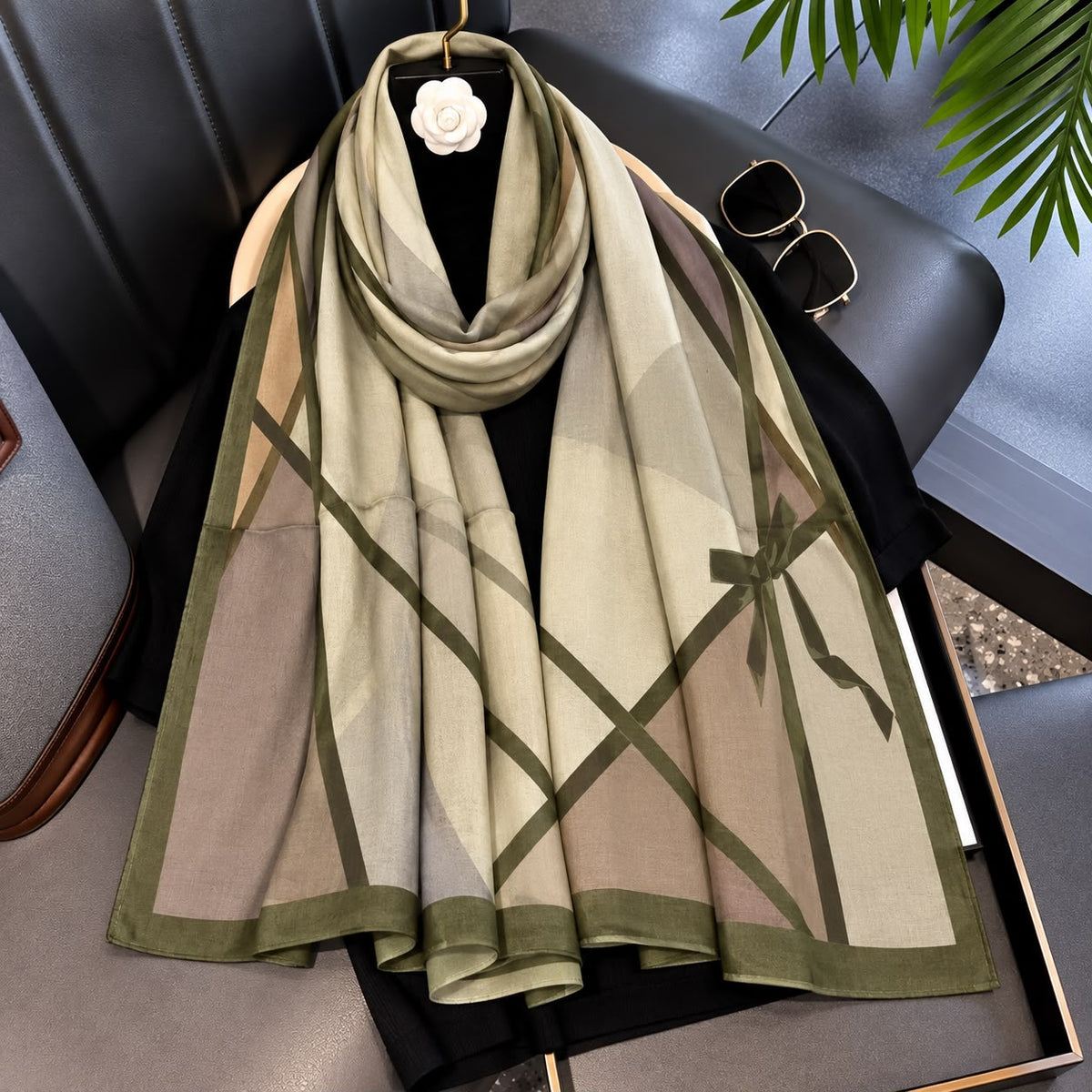 Sage Green Bow Printed Viscose Scarf