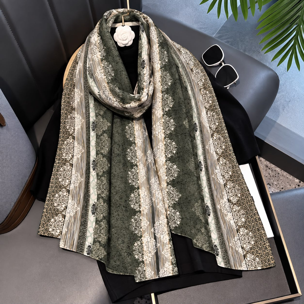 Dusty Olive Vintage Printed Viscose Scarf