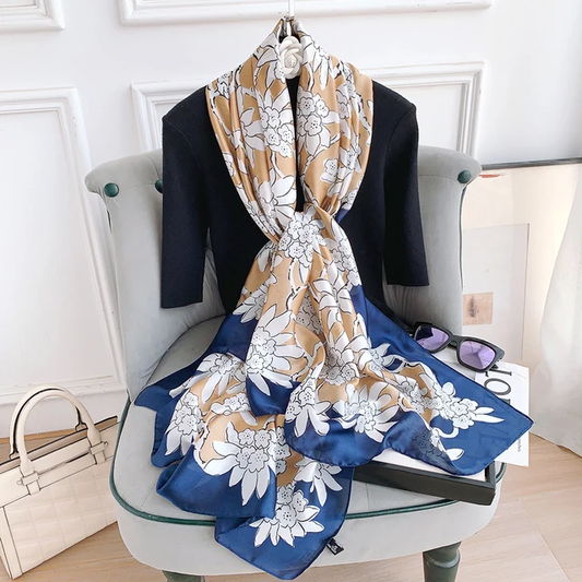 Navy Brown Floral Printed Silk Scarf