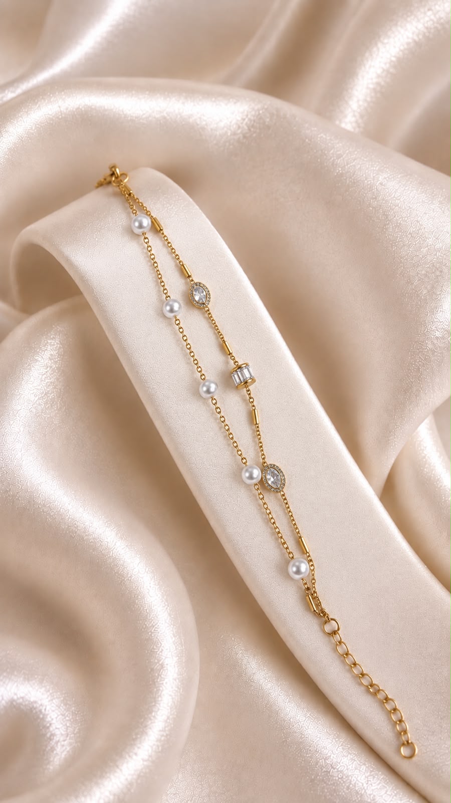 Cute pearl Stone Cylinderical Gold-Tone Anti-Tarnish Chain Bracelet