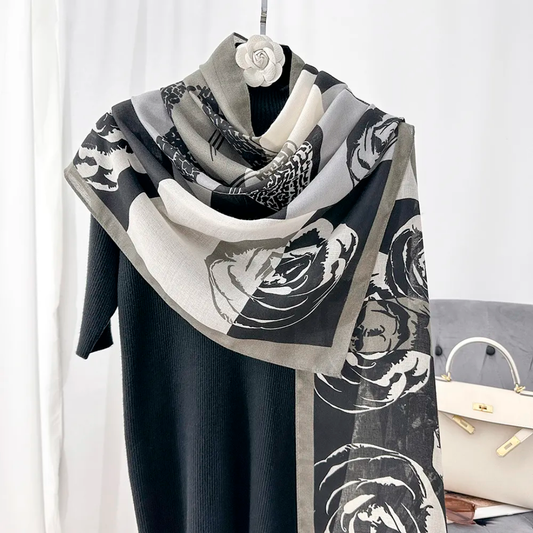 Silver Roses Hat Printed Viscose Scarf