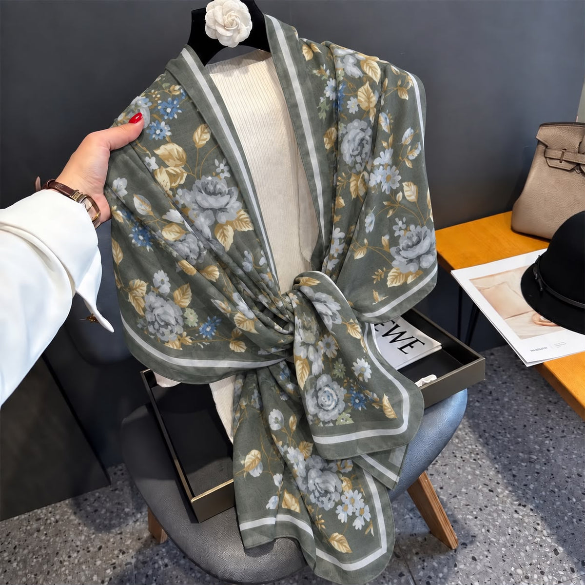 Charcoal Sage Floral Printed Viscose Scarf