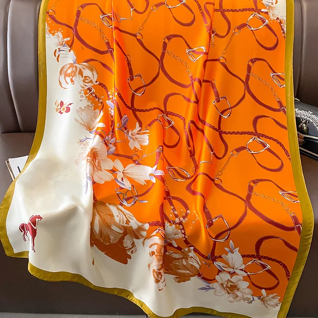 Orange Belt Flowers Printed Silk Scarf