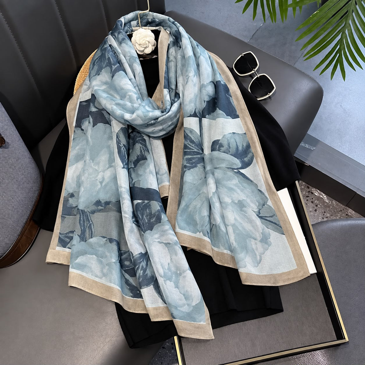 Sea Blue Floral Printed Viscose Scarf