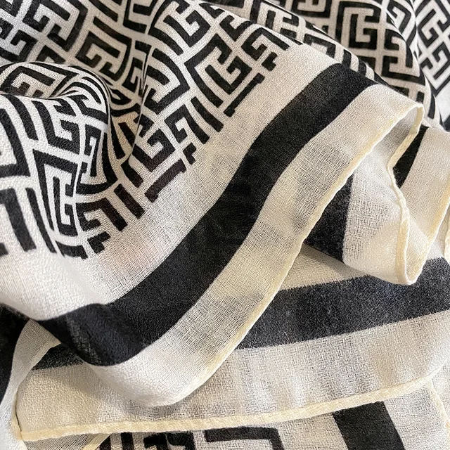 White F Black Lines Printed Viscose Scarf