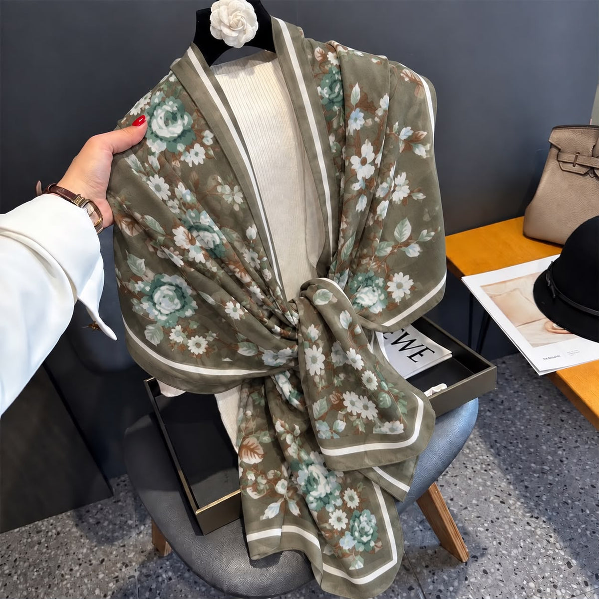 Dusty Olive Floral Printed Viscose Scarf