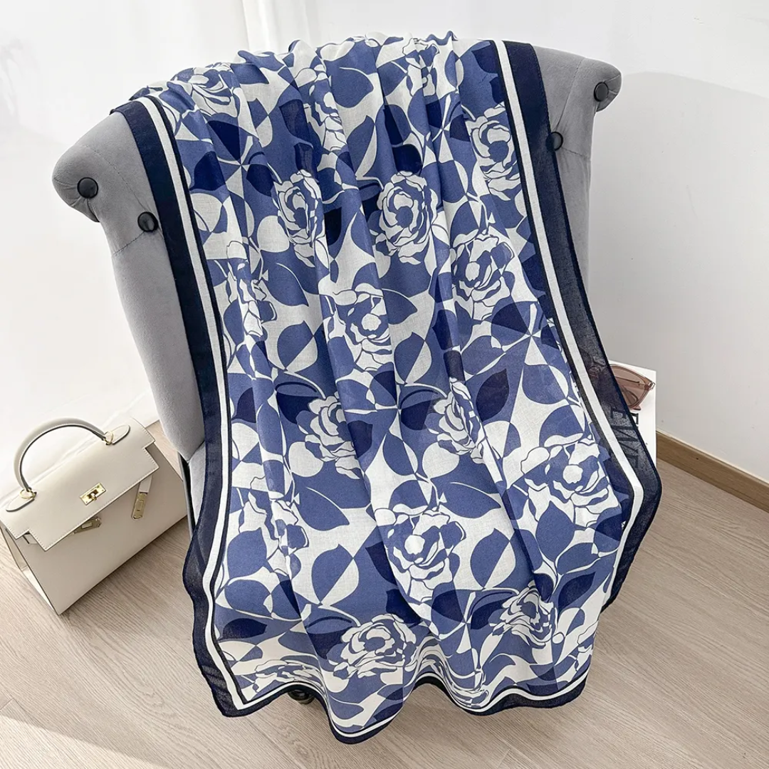 Blue Rose Leaf Printed Viscose Scarf