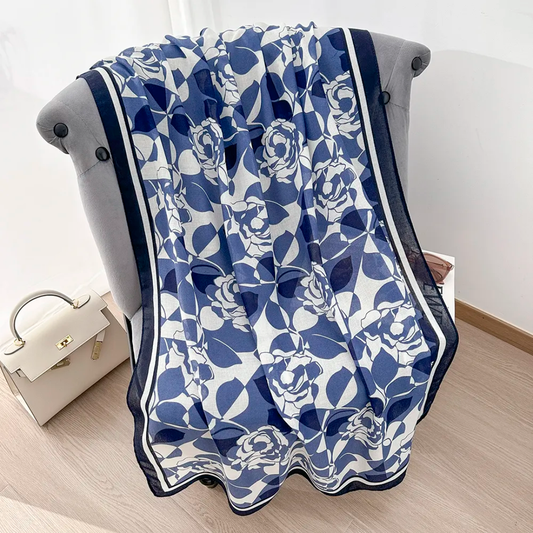 Blue Rose Leaf Printed Viscose Scarf
