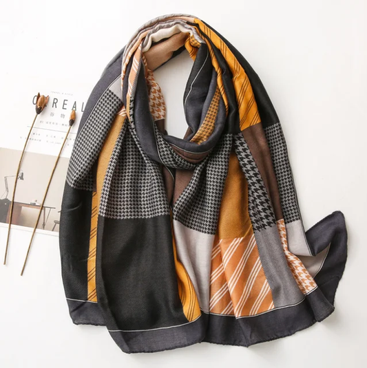 Mustard Check Printed Viscose Scarf