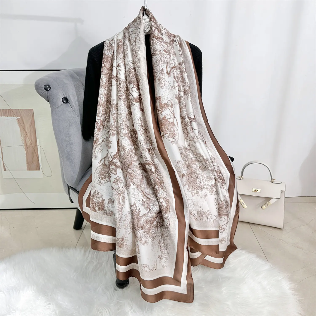 D Forest Coffee Printed Silk Scarf