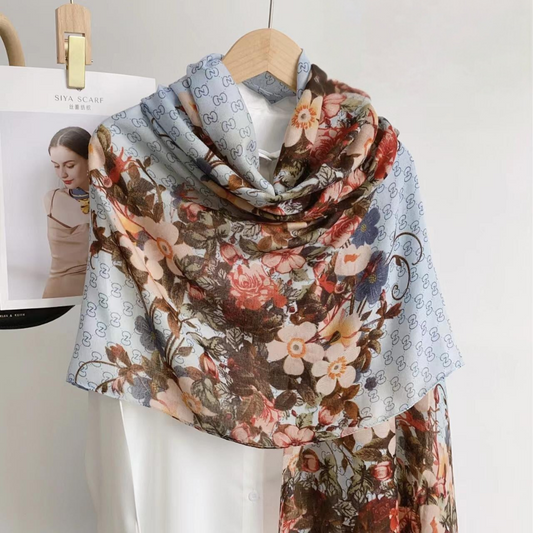 Sky Ink Floral Printed Viscose Scarf