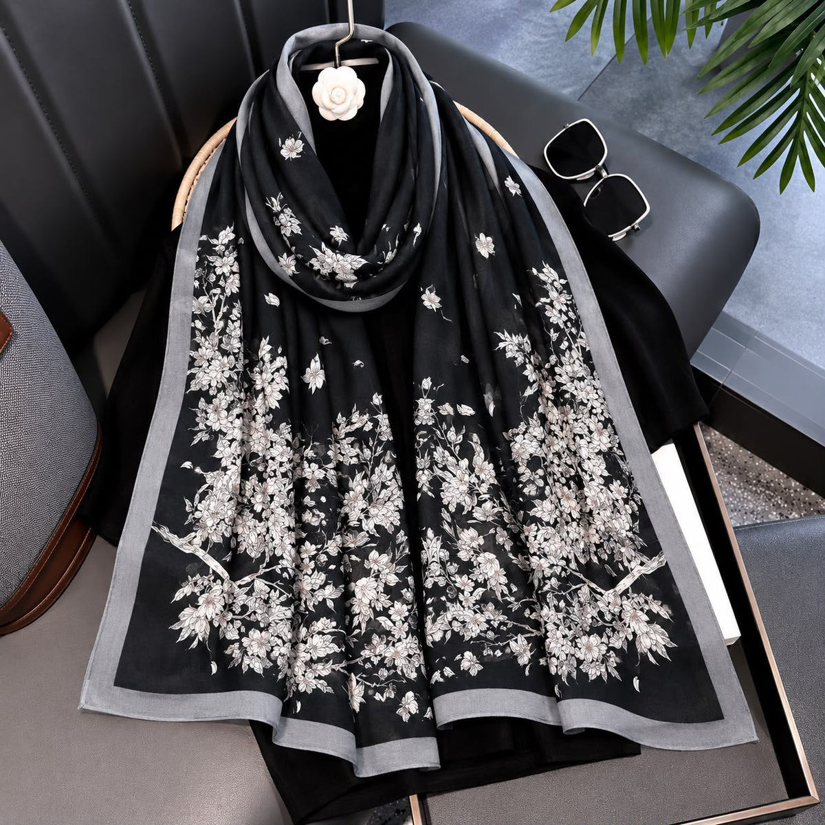 Black Azalea Flowerz Printed Viscose Scarf