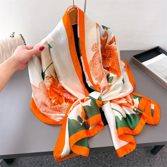 Tangerine Blooming Hibiscus Printed Silk Scarf