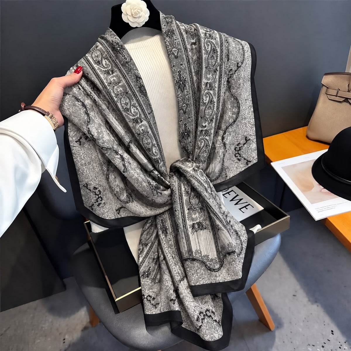 Black Artistic Printed Viscose Scarf