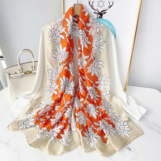 Orange Coffee Floral Printed Silk Scarf