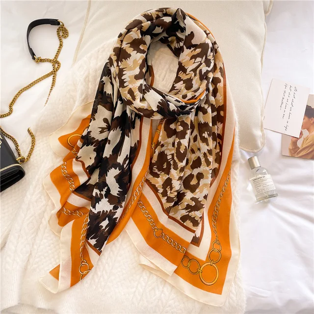 Brown Orange Chain Animal Printed Viscose Scarf