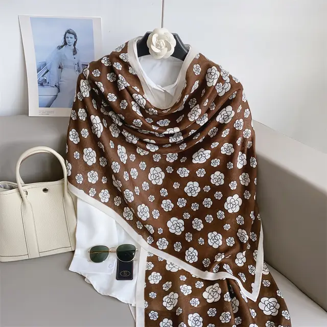 Brown Small Roses Printed Viscose Scarf