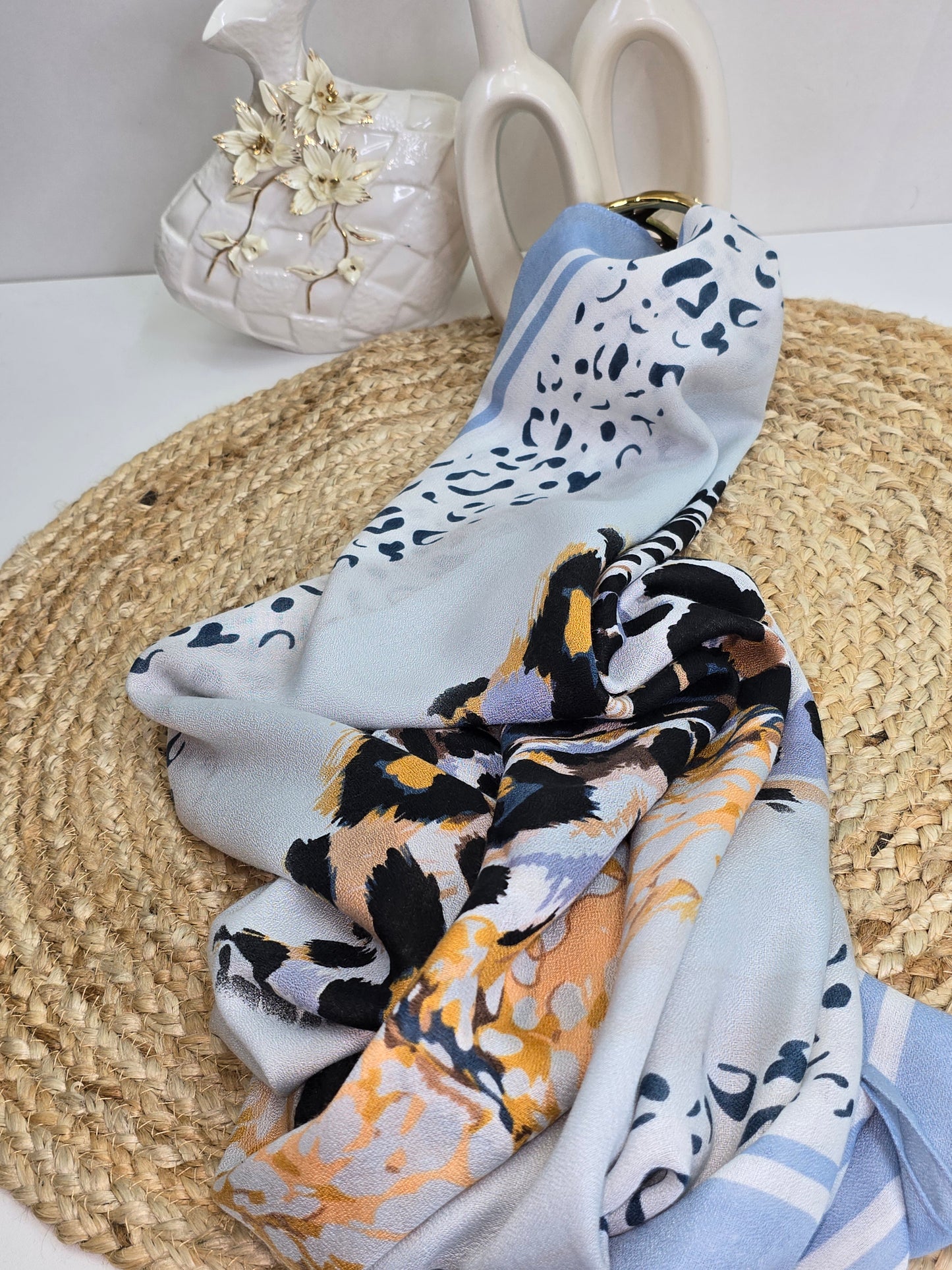 Pastel Blue Printed Viscose Scarf