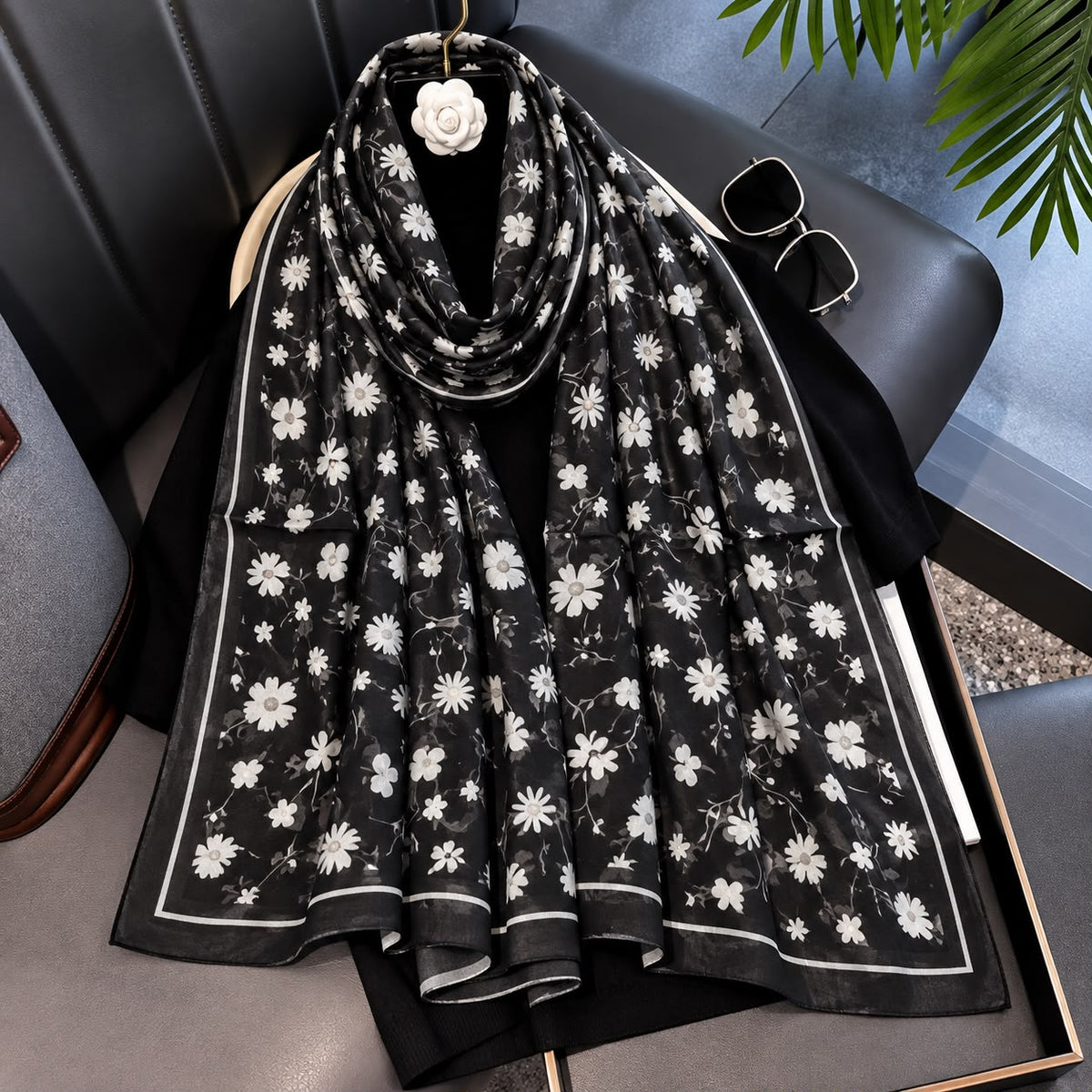 Black Floral Printed Viscose Scarf