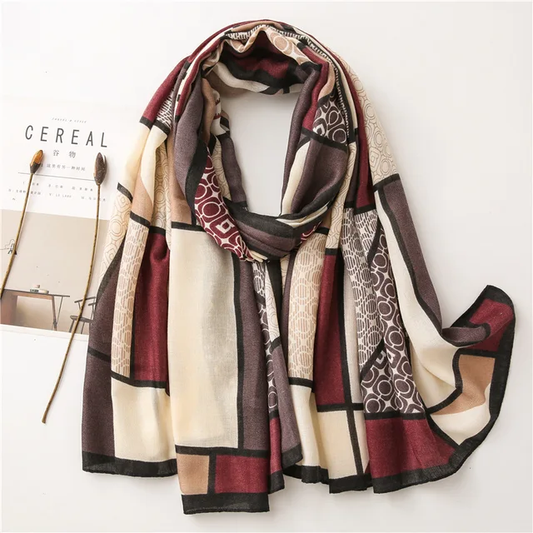 Wine Squares Printed Viscose Scarf