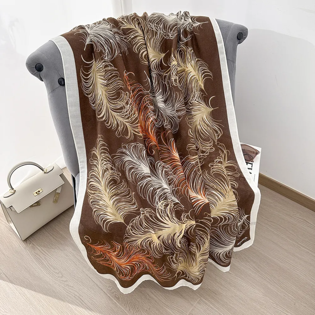 Brown Ostrich Feather Printed Viscose Scarf