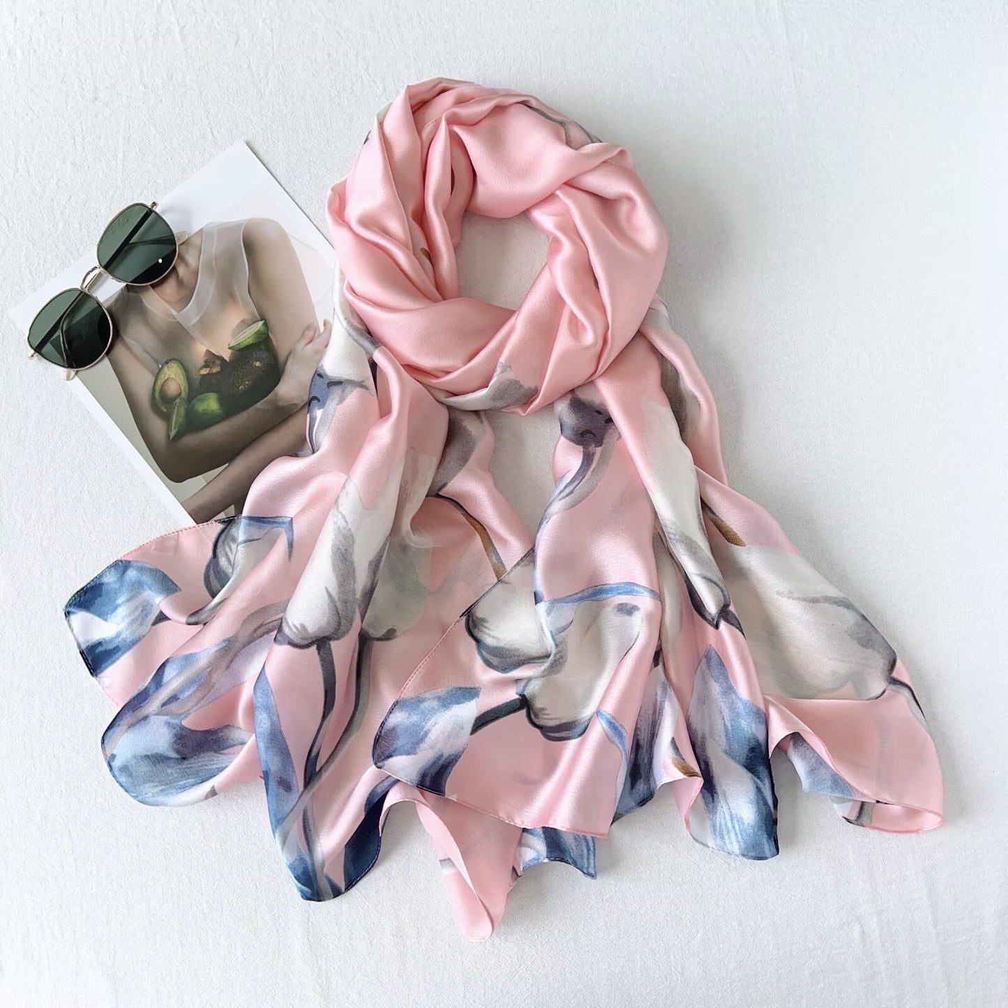 Pink Tulip Winter Printed Silk Scarf